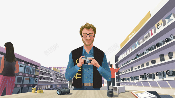 卖相机的商店和选购相机的人们png免抠素材_新图网 https://ixintu.com 创意插画 卖相机的商店 选购相机的人们