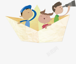 三个小朋友坐在纸船里的小朋友高清图片