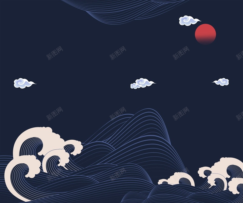 蓝色线条浪花海浪psd设计背景_新图网 https://ixintu.com 150PPI PSD源文件 云朵 分层文件 夜晚 平面设计 月亮 浪花 海浪 线条 蓝色