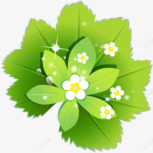 绿色植物与白色小花png免抠素材_新图网 https://ixintu.com 卡通 小白花 简图 绿叶 绿植 美丽的 装饰