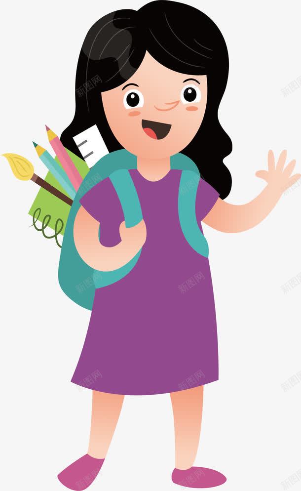 紫色裙子的女孩png免抠素材_新图网 https://ixintu.com 卡通女孩 去上学 小女孩 新学期 矢量png 紫色裙子