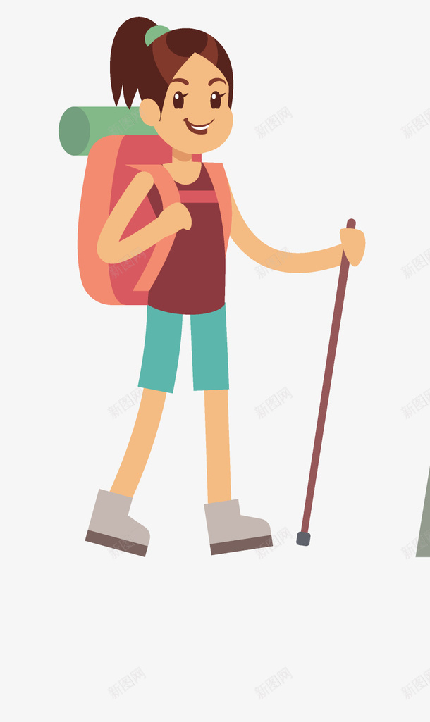 背着背包爬山的女子png免抠素材_新图网 https://ixintu.com 书包 卡通人物 卡通手绘 女子 拐杖 背包 装饰图