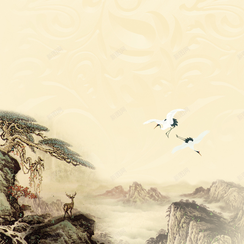 仙鹤松柏背景图psd设计背景_新图网 https://ixintu.com 中国风 主图 仙鹤 小鹿 松树 远山