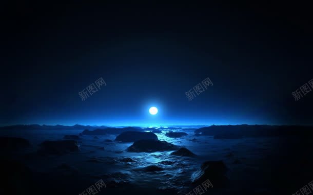 蓝色月光海面礁石海报背景jpg设计背景_新图网 https://ixintu.com 月光 海报 海面 礁石 背景 蓝色
