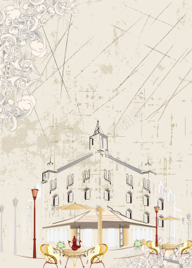 斑驳手绘线描欧式建筑海报背景矢量图背景