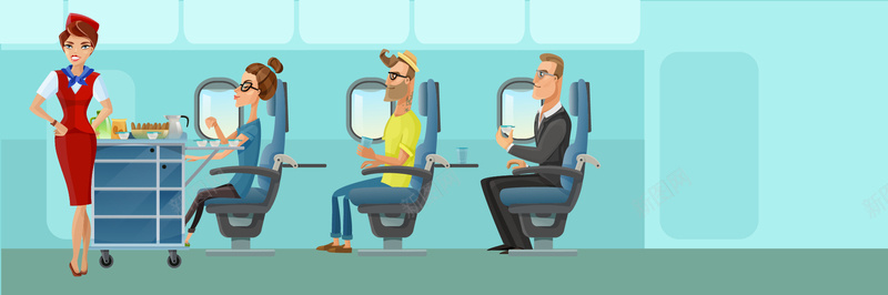 淘宝矢量卡通空姐乘客座椅蓝色食物海报背景背景