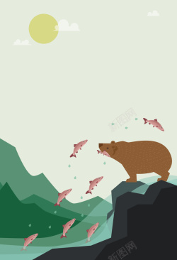 扁平化棕熊捕食鲑鱼的棕熊海报背景矢量图高清图片
