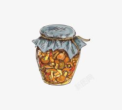 卡通小蘑菇手绘卡通一罐小蘑菇咸菜高清图片