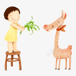 儿童喂长颈鹿吃草素材