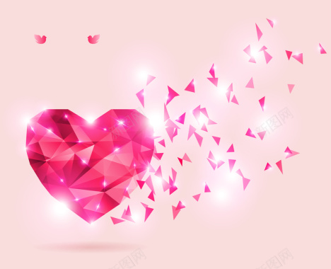 玫瑰色爱心钻石碎片浪漫情人节海报背景矢量图背景