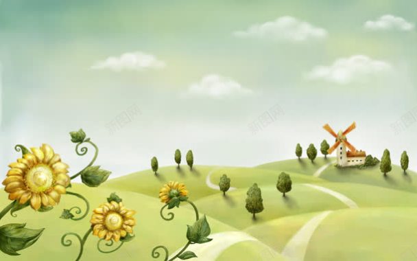 手绘卡通绿草地向日葵背景
