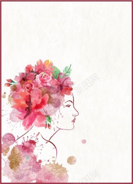 矢量水彩手绘女性头像花团背景背景