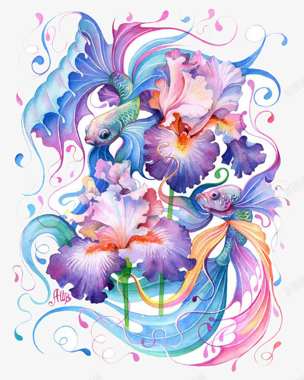 水彩紫色png免抠素材_新图网 https://ixintu.com 卡通 手绘 水彩 紫色 装饰 鱼 鲜花