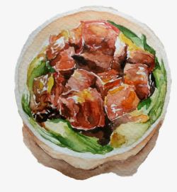 水彩红烧肉手绘中国菜大碗红烧肉高清图片