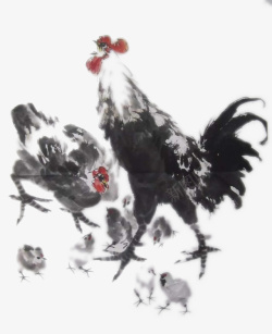 家养鸡水墨画两只芦花鸡高清图片
