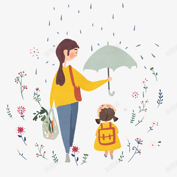 母亲打伞保护孩子png免抠素材_新图网 https://ixintu.com 下雨 保护 儿童 拿着伞 撑着雨伞的 母亲节 温馨