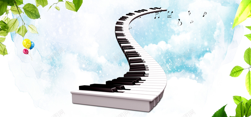 淘宝卡通音乐树叶蓝色天空钢琴键盘海报背景
