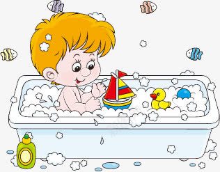 可爱卡通沐浴男孩png免抠素材_新图网 https://ixintu.com 卡通 可爱 小鱼 沐浴 浴缸 男孩