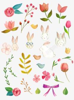兔子与鸟手绘花鸟水彩花鸟兔子胡萝卜高清图片