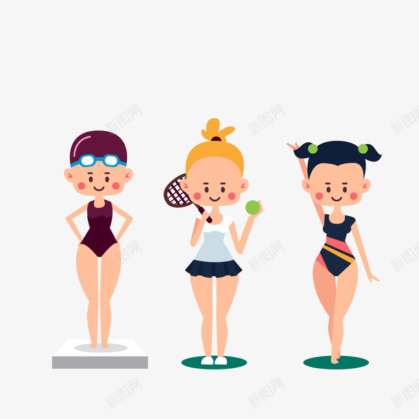 卡通女运动员矢量图ai免抠素材_新图网 https://ixintu.com 卡通女孩 女运动员 游泳 网球女孩 运动人物 矢量图