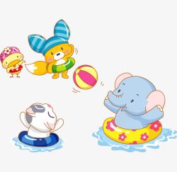 卡通手绘可爱小象游泳玩球素材