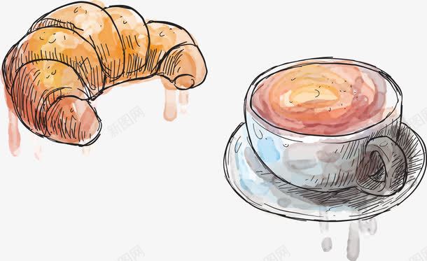 手绘水彩面包png免抠素材_新图网 https://ixintu.com 咖啡杯 手绘 插画 水彩 牛角面包