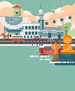 紫荆花香港手绘矢量旅游香港景点地图大海蓝海报背景高清图片