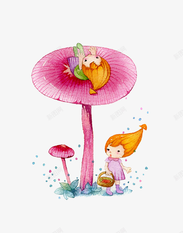 蘑菇上的女孩矢量图eps免抠素材_新图网 https://ixintu.com 创意 女孩 插画 粉色 矢量图
