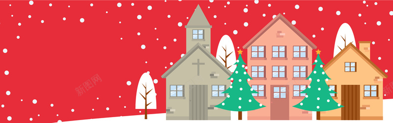 淘宝卡通手绘矢量雪景楼房树木红色海报背景背景