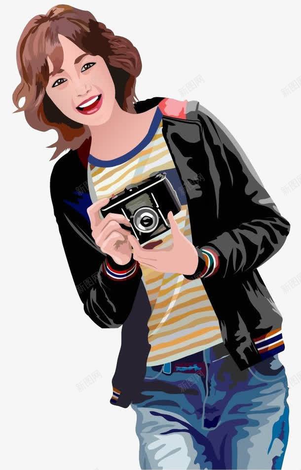 手拿相机微笑的年轻女孩插画png免抠素材_新图网 https://ixintu.com 图案 微笑的年轻女孩 手拿相机 手拿相机的女孩 插画
