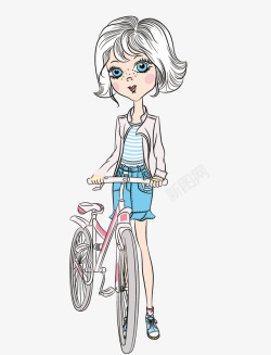 推自行车手绘小女孩推自行车矢量图高清图片