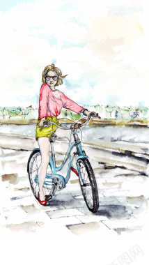 自行车手绘手绘骑自行车的女生矢量图背景