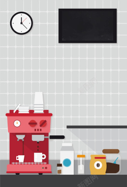 厨具海报设计扁平化咖啡机和餐具海报背景矢量图高清图片