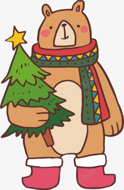 圣诞棕熊抱着圣诞树的棕熊矢量图高清图片
