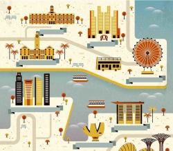 鱼尾手绘矢量旅游新加坡景点地图海报背景高清图片