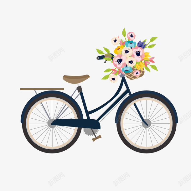 黑色直行车花卉png免抠素材_新图网 https://ixintu.com 单车 卡通植物 彩色花卉 背景装饰 黑色自行车