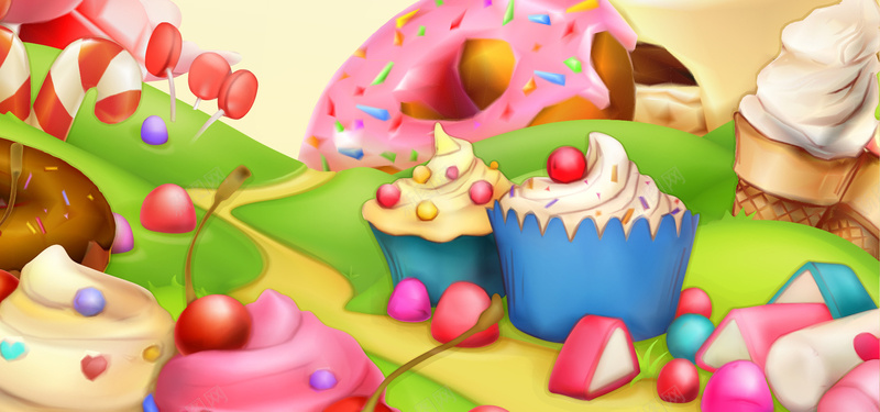 淘宝矢量卡通美食甜品蛋糕糖果面包草地海报背景