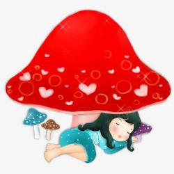 蘑菇下睡觉的小女孩素材