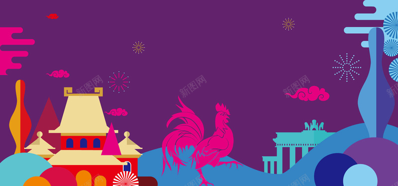 春节几何扁平紫色海报背景矢量图背景