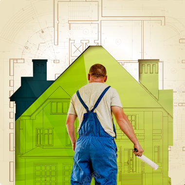家装节绿色海报推广图工人建筑图纸背景背景