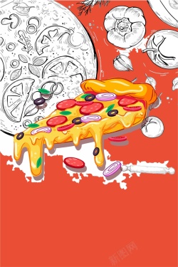 手绘披萨饼标签卡通手绘美食披萨西餐店海报背景矢量图高清图片
