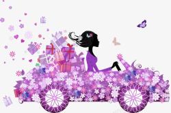 紫色清新花车女孩装饰图案素材