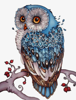 蓝色手绘猫头鹰海报图案素材
