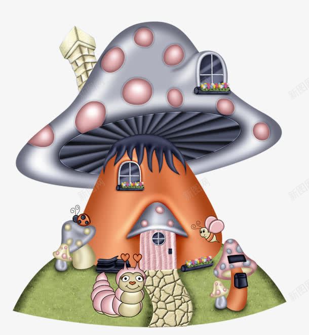 卡通手绘蘑菇房子png免抠素材_新图网 https://ixintu.com 卡通动漫 小虫子 梦幻 蘑菇房子