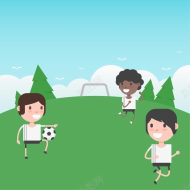 卡通人物野外足球绿色草地背景矢量图背景