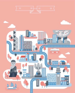 香港紫荆花区旗手绘矢量旅游香港景点地图粉色海报背景高清图片