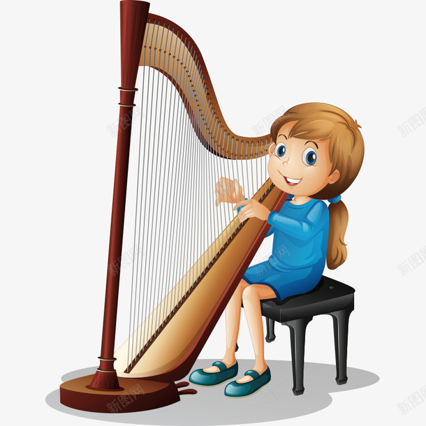 卡通可爱儿童竖琴png免抠素材_新图网 https://ixintu.com 乐器 卡通 可爱 小女孩 竖琴