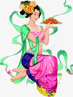 中秋节手绘绿丝带美女素材