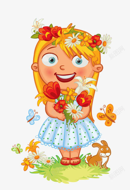 拿花的女孩png免抠素材_新图网 https://ixintu.com 卡通 可爱 女孩 微笑 手绘 鲜花