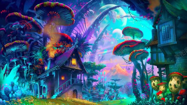 彩色梦幻蘑菇林小屋海报背景背景